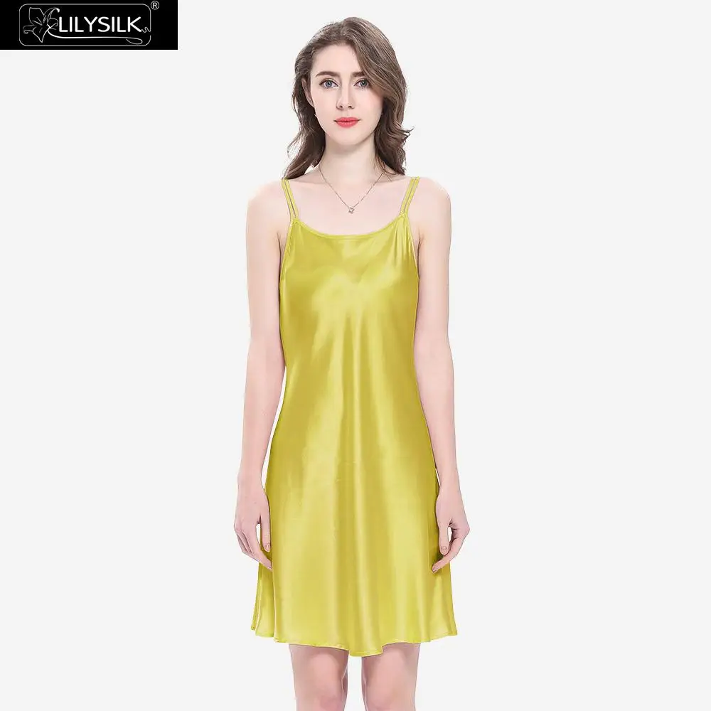 Zinnia Yellow LilySilk ночная рубашка для девочек, женская ночная рубашка, женское мини-платье с овальным вырезом, чистый 100 шелк, 22 momme, Роскошный натуральный - Цвет: Zinnia Yellow