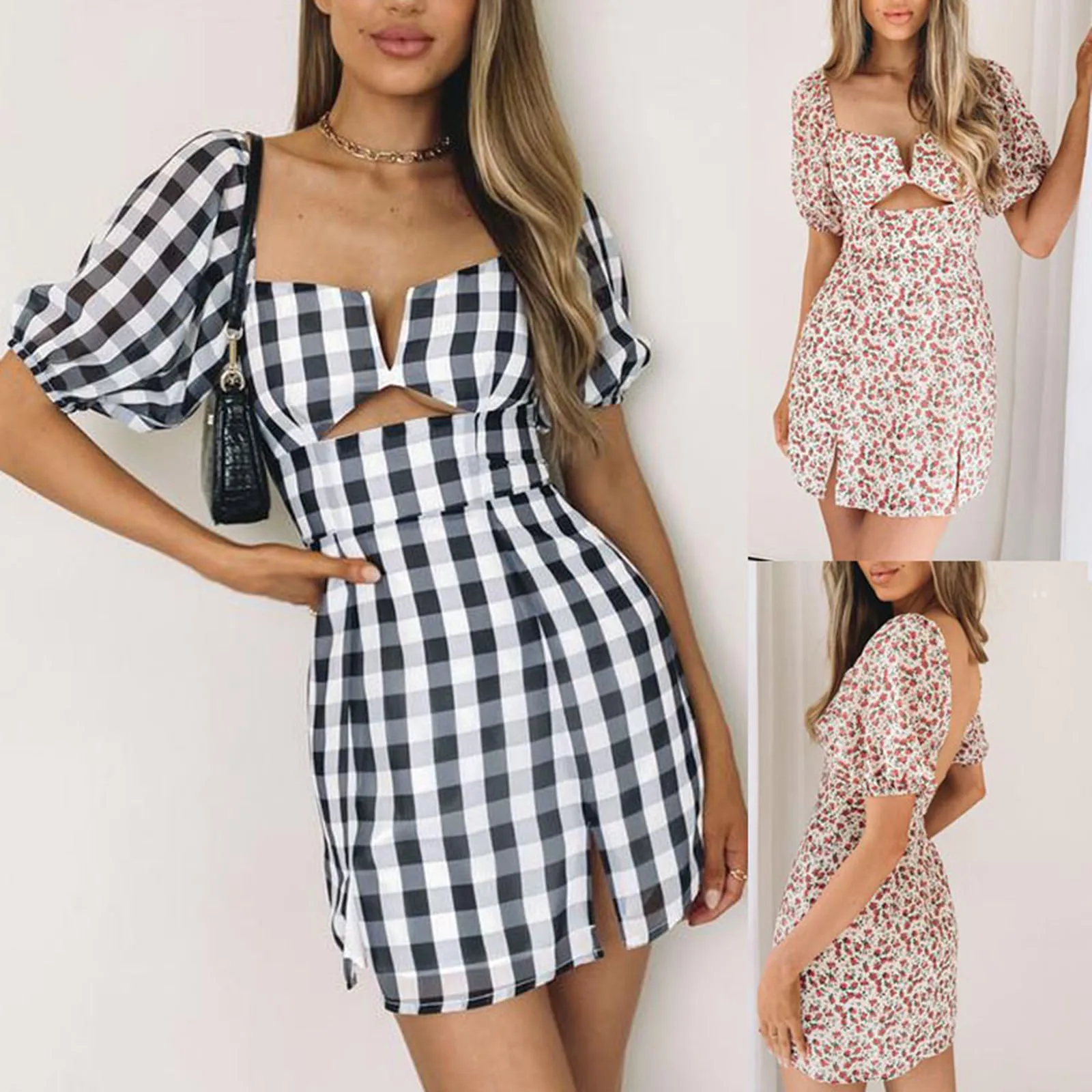 

2021 New fashion Female Dress, Plaid/ Floral Print Square Neck Short Sleeve Hollow Out for Summer, S/M/L/XL