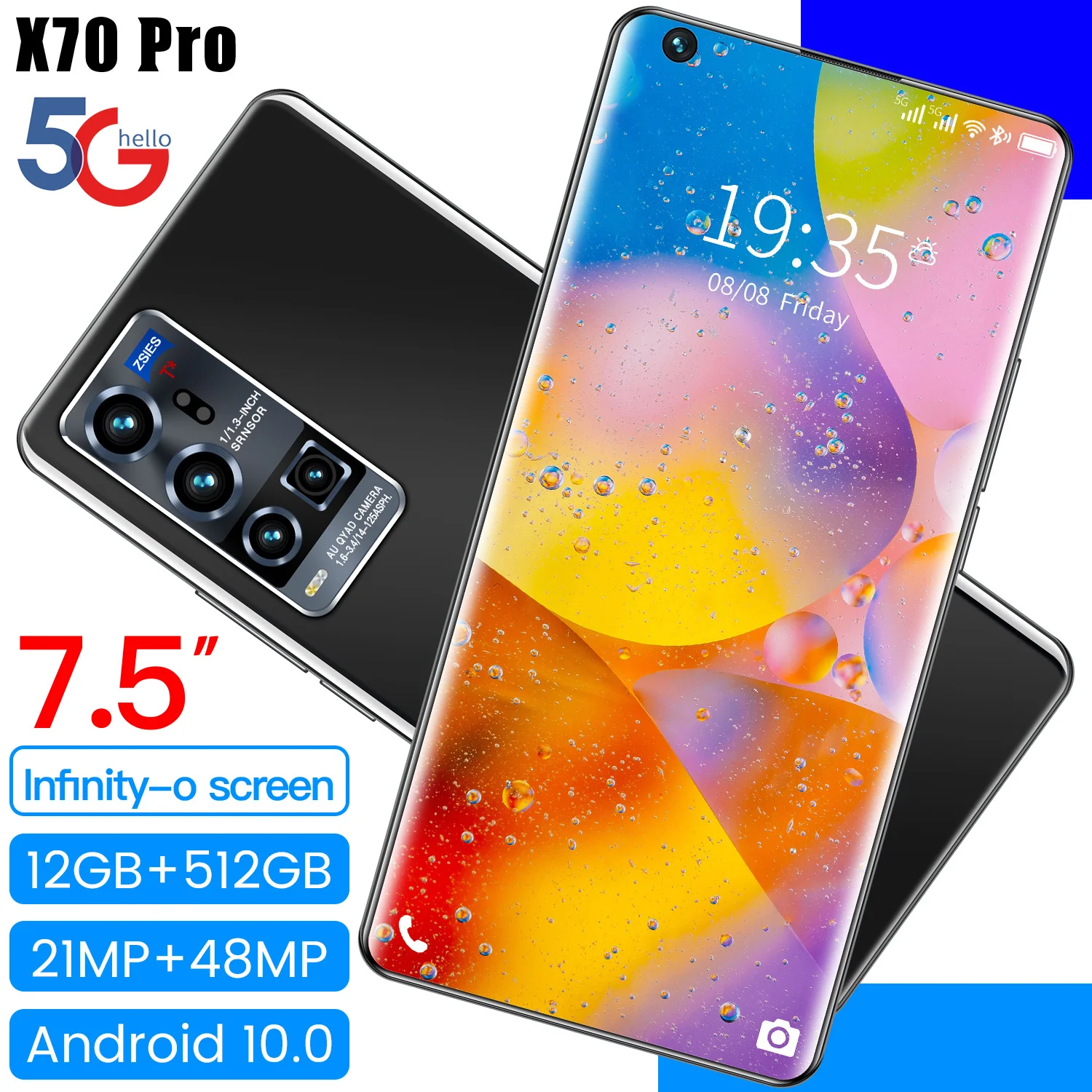 

X70 Pro Global Version Smartphone 7.5Inch MTK6799 5600mAh 21MP 48MP Android10.0 16GB 512GB 5G 10 Core Face Unlock Cellular phone