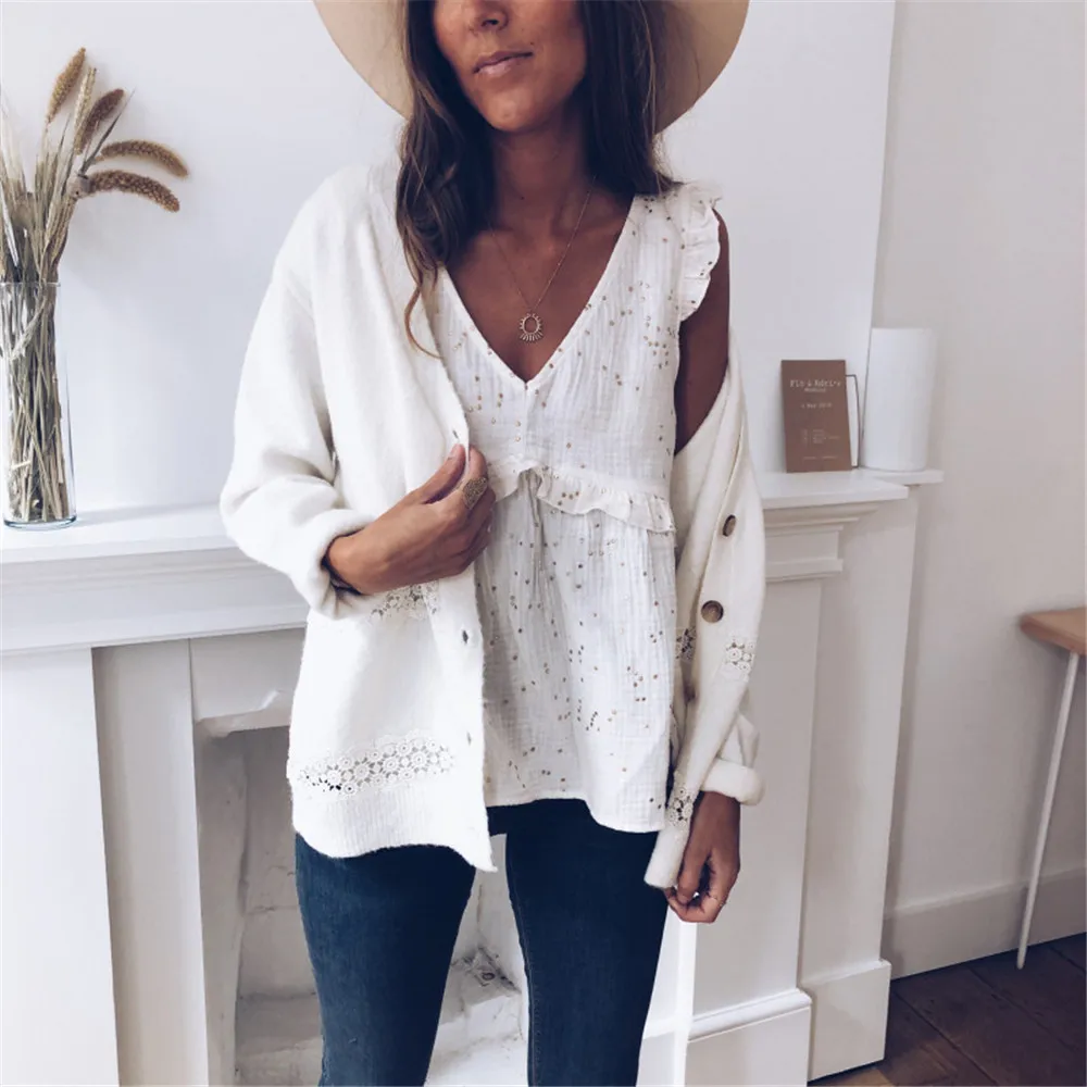 Женский вязаный кардиган с вырезами Однотонный свитер прямой подошвой Модный