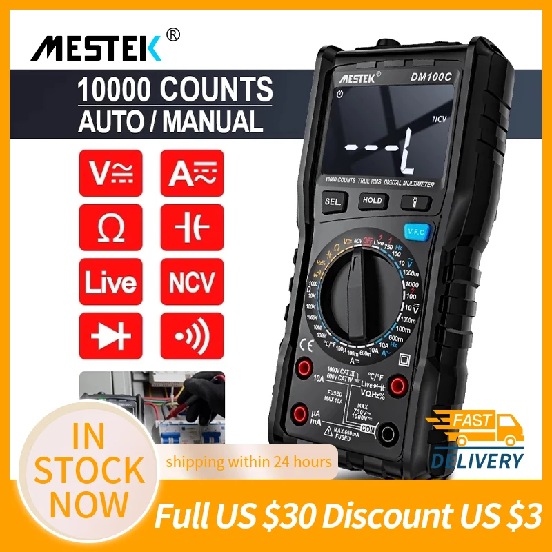 

MESTEK DM100C True-RMS Digital Multimeter Button 10000 Count With Analog Bar Graph AC/DC Voltage Ammeter Current Ohm manual/auto