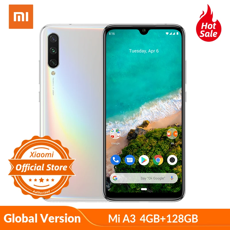 Смартфон Xiaomi Mi A3, глобальная версия, 4 Гб, 128 ГБ, 32 МП, селфи, Android One, Snapdragon 665, камера 48 МП, 4030 мАч, 6,09 дюйма, AMOLED дисплей