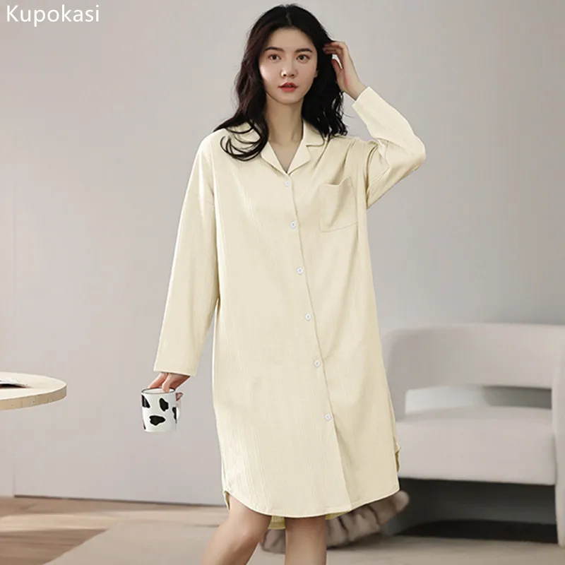 

Kupokasi Women Cotton Nightdress Sleepwear Dress Long Sleeve Winter Autumn Nightwear Female Homewear Soild Color ButtonRobe