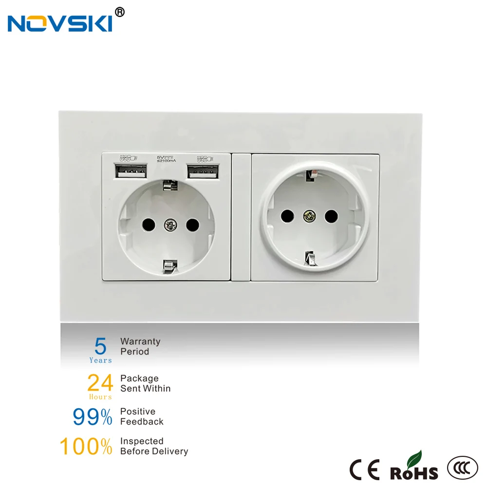 NOVSKI Настенная розетка с 2 рамками USB EU Schuko Электрическая для ПК Пластиковая панель