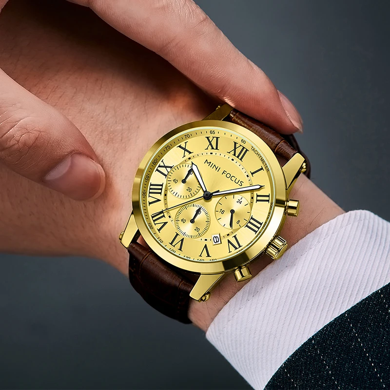 

Men Watch Roman Numerals Brown Leather Band Quartz Analog Business Wrist Watch Gold Tone wach montre homme часы мужские наручные
