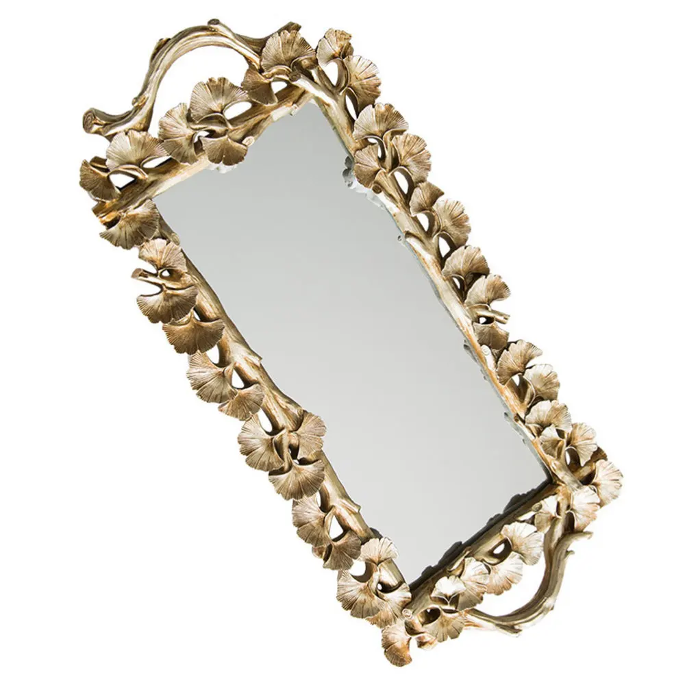 

1Pc Rectangular Gingko Leaf Retro Carved Tray Mirror Tea Fruit Dessert Coffee Dessert Table Storage Tray(Golden)