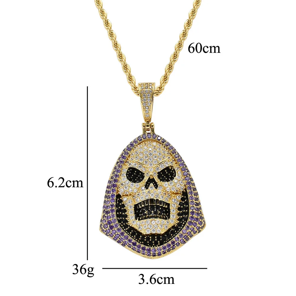 Mens Woman Hip-hop Trendy Iced Out Cubic Zirconia Funny Skull Death Cartoon Pendant Necklaces Bling Jewelry Hallowmas Gift | Украшения и