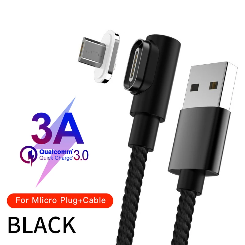 Магнитный кабель Micro USB кабель 90 DegreeType C Быстрая зарядка Кабо Для samsung S8 S9 huawei P20 P30 USB C Microusb зарядный шнур - Цвет: Black For Micro