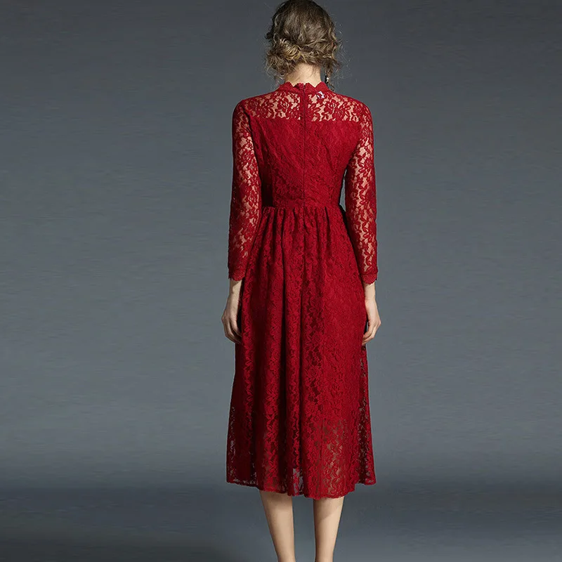 Women Vintage Lace Medium Long Party Dress Women's Spring Autumn Elegant Stand Collar Casual Dresses Red High Waist Vestidos | Женская