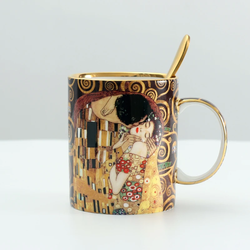 

Wedding Birthday Present Klimt Kiss Porcelian Mugs Coffee Cups With Spoon Gustav klimt Bone china Office Drinkware Mugs