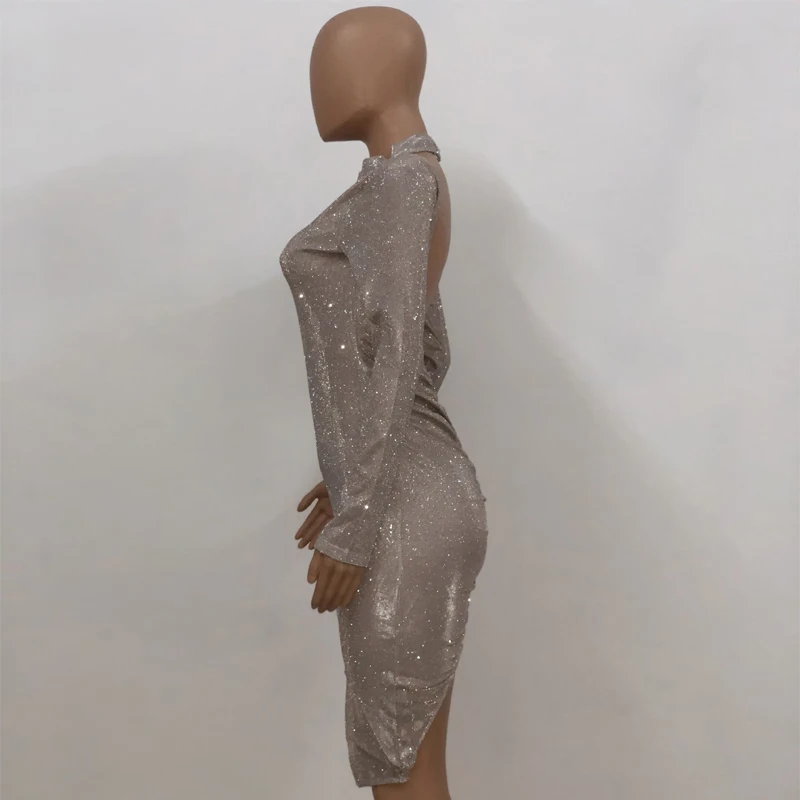 Блестящее коктейльное платье миди с длинным рукавом цвета шампанского Короткие