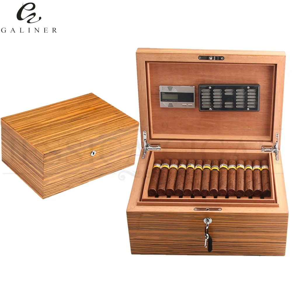 

Cedar Wood Cigar Humidor Box Yellow Glossy Piano Finish Moisturizing Humidor Cabinet Cigar Case With Hygrometer Humidifier