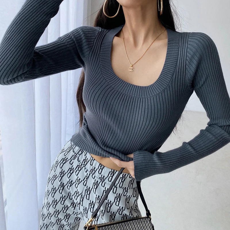 

WOMENGAGA Autumn Winter New Low-neck Slim Sexy Knit Sweater Street Shooting Solid Color Big Round Neck Solid Sweater Women NRTY