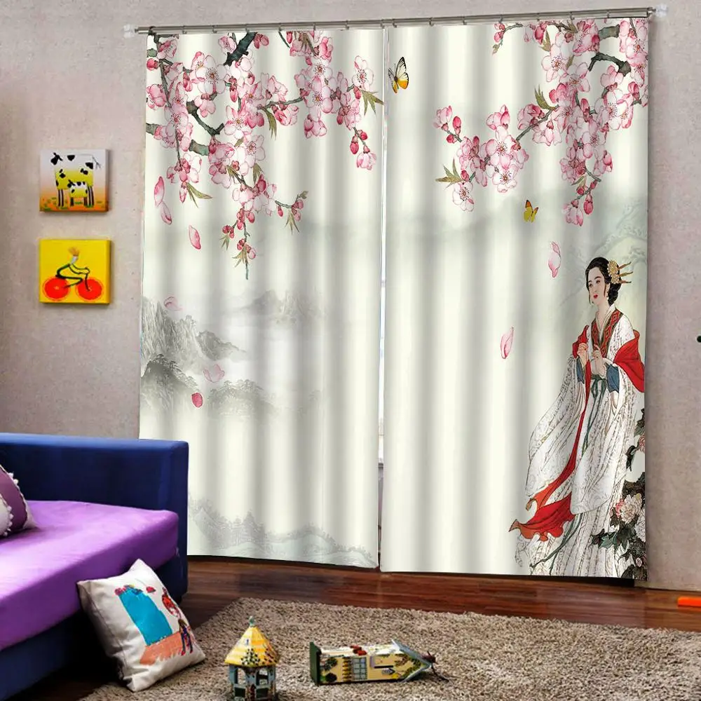 AAncient beauty landscape painting Curtains Plum blossom For Living room bedroom Blackout Window Drapes Sets 2 Panels With Hooks | Дом и сад