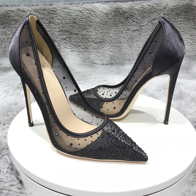 

Free shipping sexy Women Lady Black mesh Strass Crystal Poined Toes Thin heels shallow Stiletto Heel pumps high heels shoes 12cm