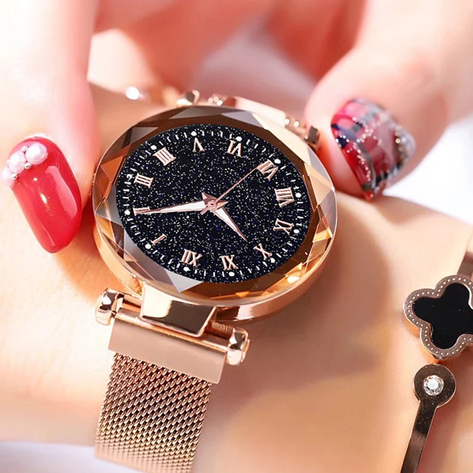 

2019 Hot Sale Starry Sky Watch Women's Luxury Magnetic Magnet Buckle Quartz Wristwatch Geometric Surface Female Luminous Watches