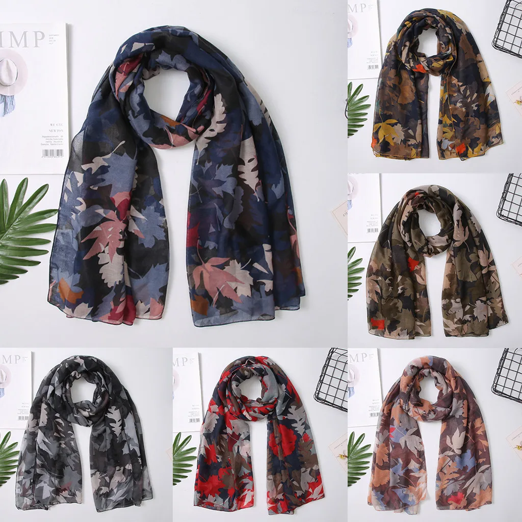 

Summer Maple Leaf Print Silk Scarf Fashion Korean Scarves Women Chiffon Shawl Soft Wrap Paris Yarn Headscarf Beach Bandana