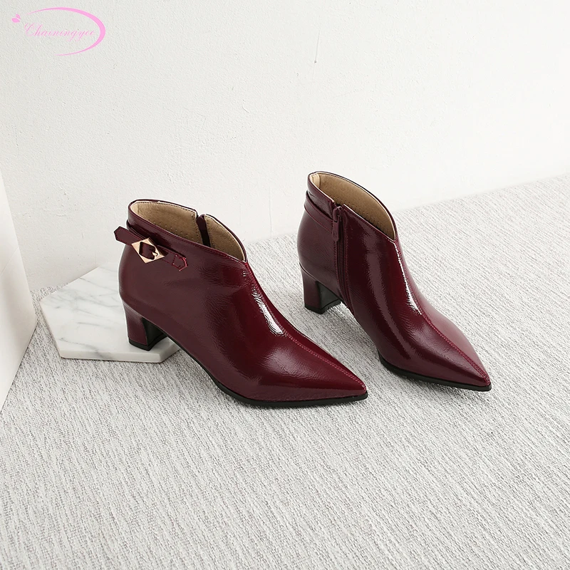 

Sexy pointed toe nightclub ankle boots paint zipper buckle strap Chelsea boots red grey black high-heeled chunky women's shoes