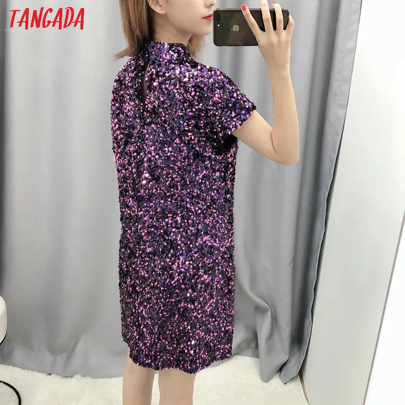 Tangada, женское Сексуальное Фиолетовое мини-платье с блестками, блестящее, короткий рукав, женское Новогоднее платье для вечеринки, vestidos BE101