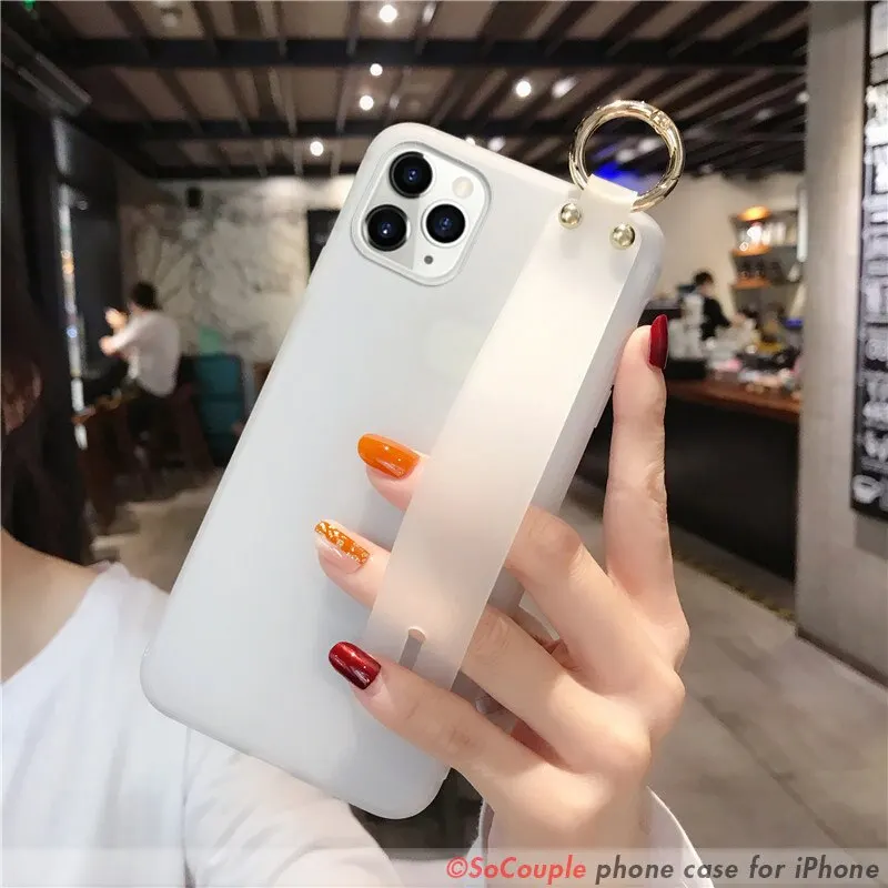 

Phone Cover For IPhone 11 12 Pro Max X XR XS Max Wrist Strap Phone Holder TPU Soft Plain Color Cover For IPhone 8 7 Plus SE Case