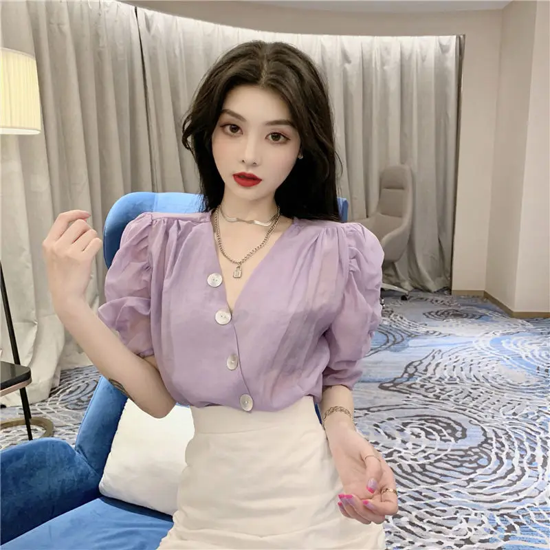 

Two-piece Suit 2021 Summer New Purple Short Sleeve V-neck Shirt Tops and White Pleated High Waist Mini Skirt 2pcs Set Y106