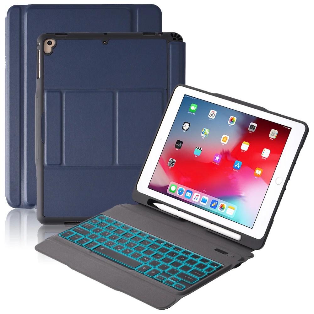 Bluetooth клавиатура с из искусственной кожи чехол для iPad Air 1 2 iPad Pro 9,7 дюймов Bluetooth клавиатура 7 цветов с подсветкой водонепроницаемый