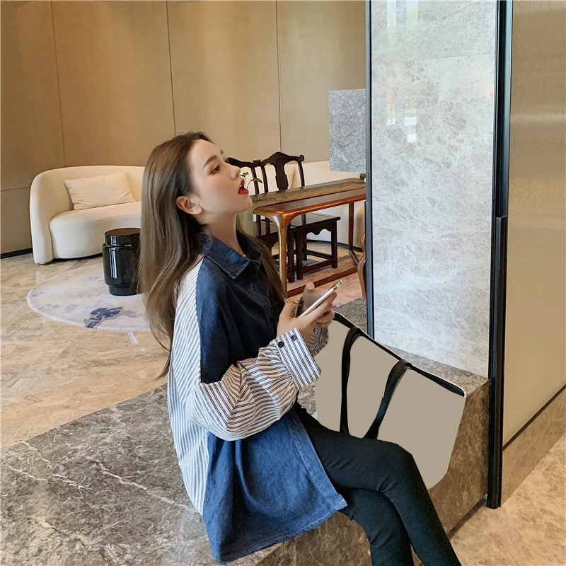 

Autumn Womens Tops and Blouses Denim Patchwork Loose Casual Striped Long Sleeve Shirts Fashion Korean Style Turn-down Collar New