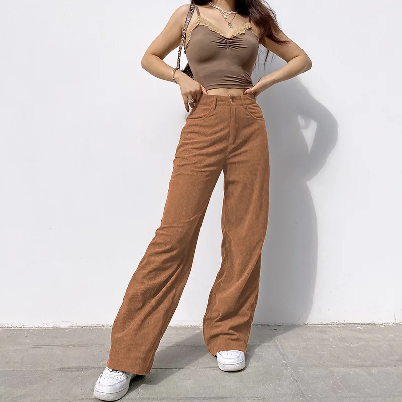 

JMPRS High Waist Women Corduroy Pants Loose Autumn Fashion European Wide Leg Pants Causal Solid Black Streetwear Trousers