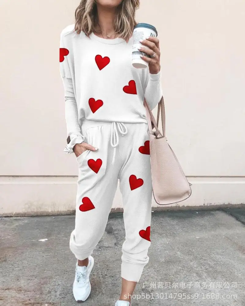 

2pcs New Women's Clothes Suit Red Heart Printing Sport Full Sleeve Top + Mid Waist Drawstring Ankle Length Pants