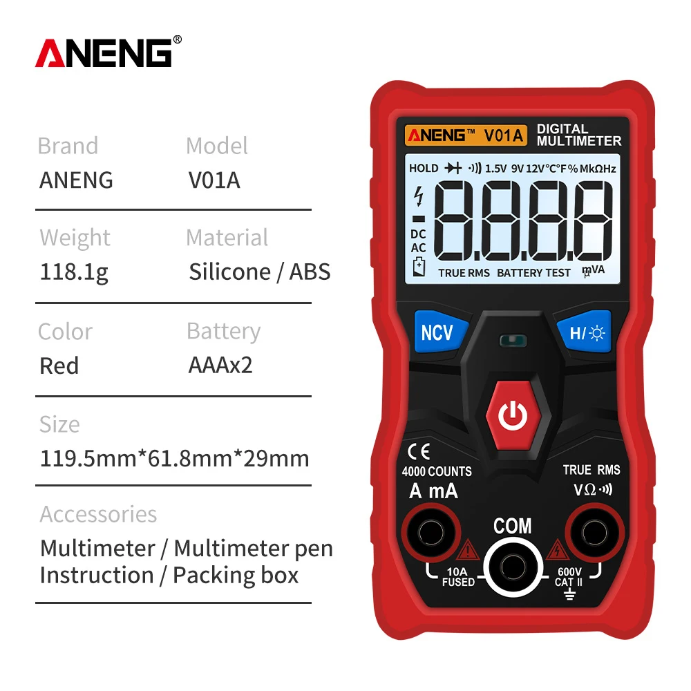 

V01A Digital Multimeter Automatic True-RMS Intelligent NCV 4000 Counts AC/DC Voltage Current Ohm Test Tool ANENG
