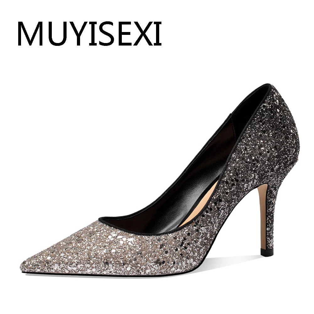 

Bling bling glitter pointed toe 8cm high heels women pumps slip on shallow elegant nightclub dress party shoes JKE03 MUYISEXI