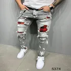 Новинка 2021, мужские облегающие рваные джинсы, мужские рваные джинсы с нашивкой, брюки-карандаш в стиле хип-хоп, эластичные