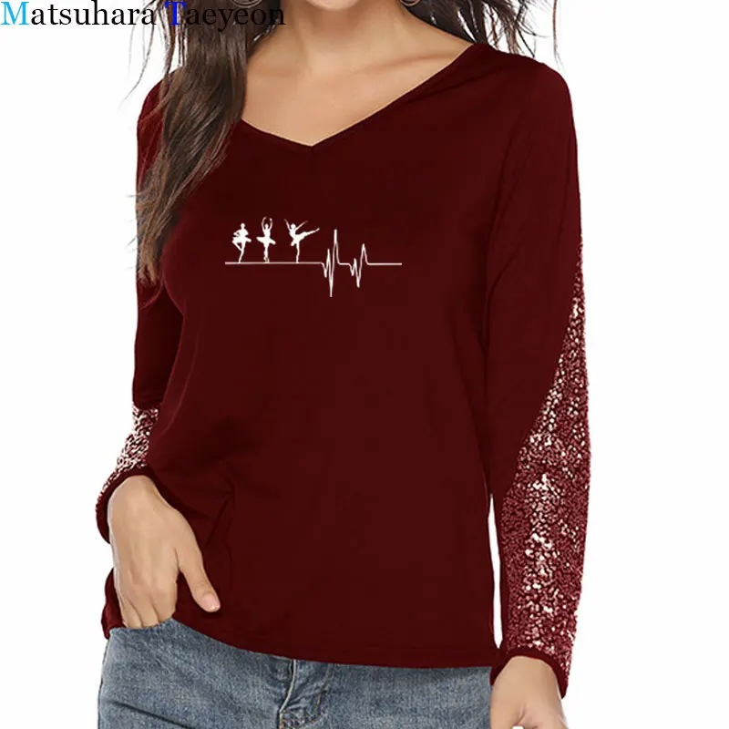 

New Autumn Love Ballet T Shirts Casual Cotton Long Sleeve Woman Dance T Shirt Top Female Girl T-shirt Sequined Tees