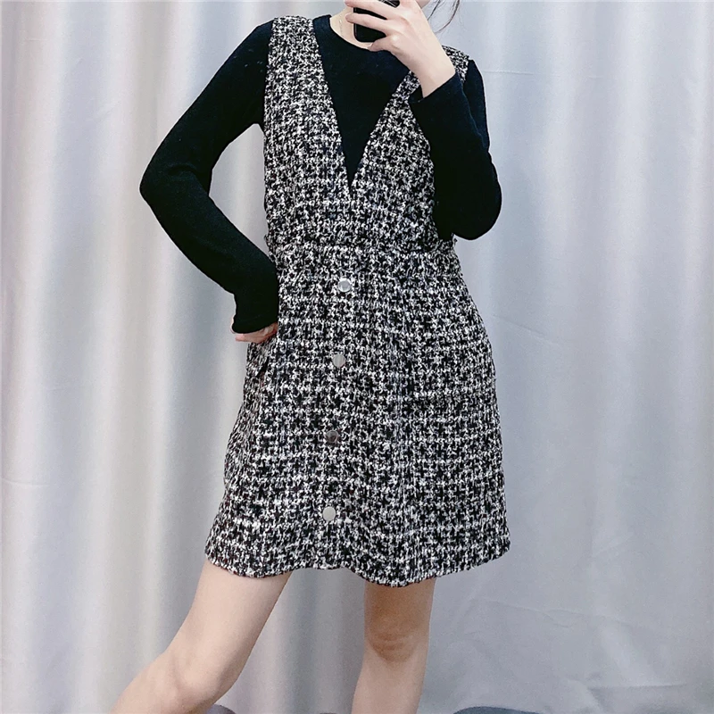 Winter Tweed Dress Woman Elegant Plaid Mini Deep V Neck Women Vintage Sleeveless Dresses Ladies Korean Overall 2020 | Женская одежда