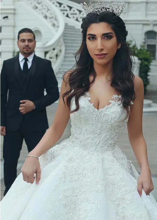 Vestido de novia musulmán, vestidos de novia, velo de encaje, Princesa, tirantes finos, escote en V, vestidos de boda sexys para mujer 2020
