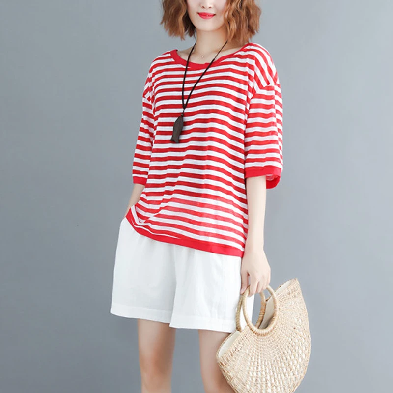 

Cotton Linen Loose Striped Women T-Shirts 2021 Summer New O-Neck Half Sleeved Loose Casual All Match Female Pulls Tops Tees