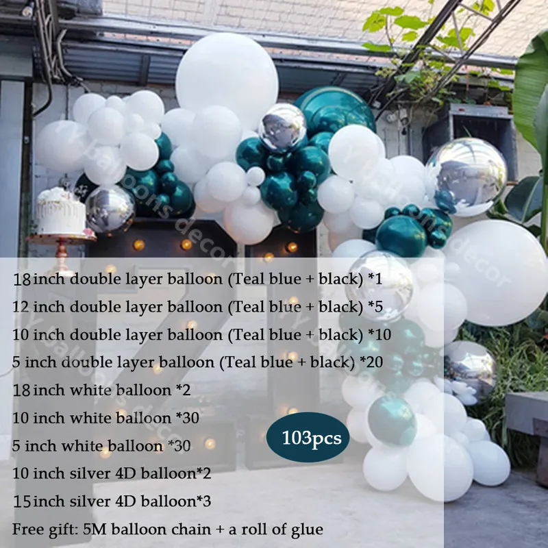 103Pcs Teal Blue Double Global Balloon White Garland Arch Kit Birthday Wedding Valentine's Day Anniversary | Дом и сад