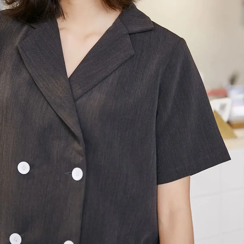 

XITAO Pleated Patchwork Casual Dress Women Fashion New Korean Style Notched Collar Short Sleeve Double Breasted Summer WMD0038