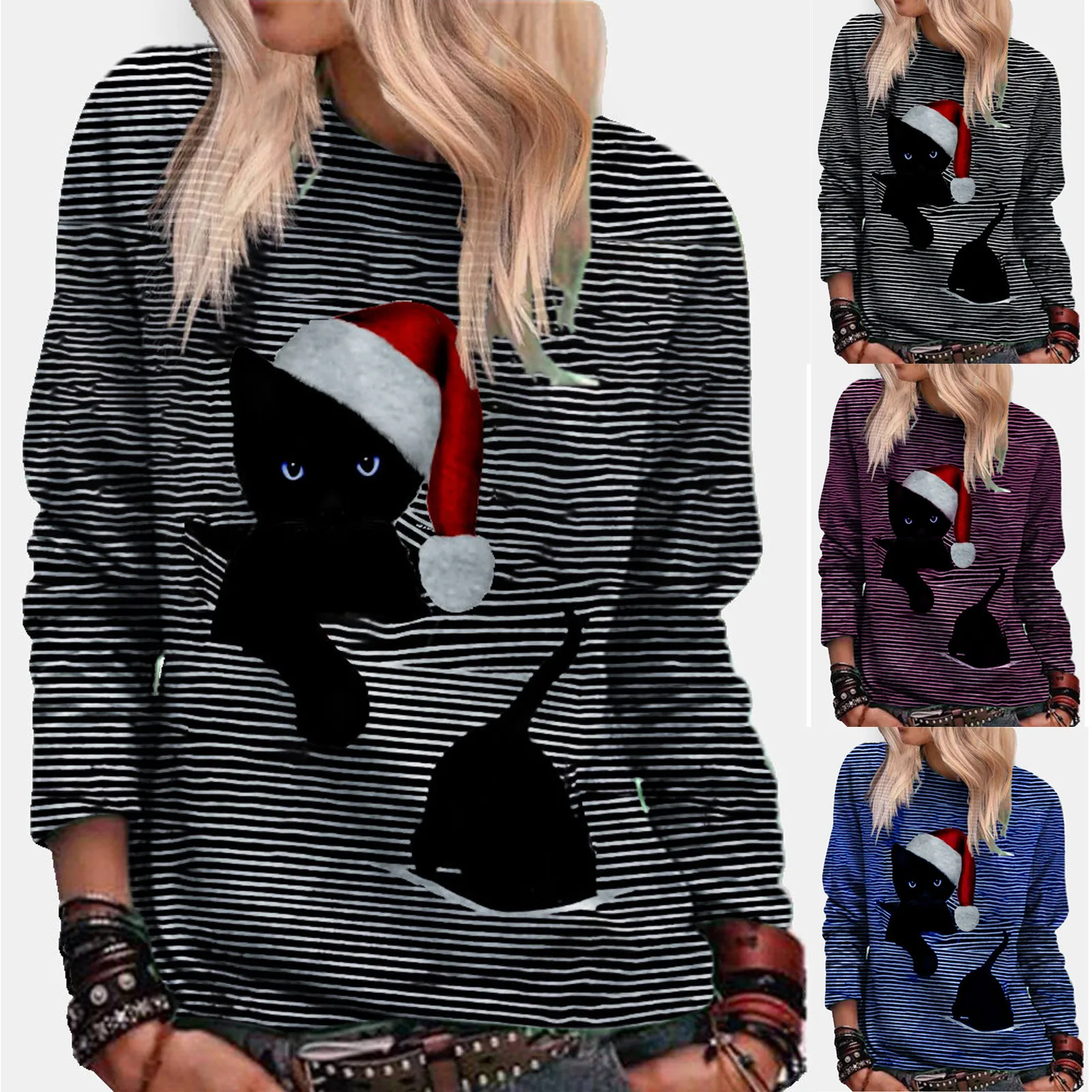 2021 Sweatshirt Fashion Women Long Sleeve Color Block Cat Print Pockets Sweatshirt Hooded Top Christmas Valentine's Day #dz