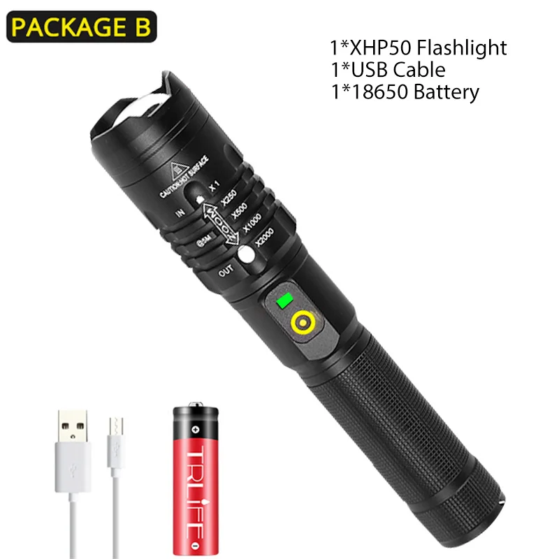 8000lms мощный светодиодный фонарь XHP50.2 перезаряжаемый фонарь с USB зумом, фонарь для кемпинга, охоты, с батареей 18650 26650 - Испускаемый цвет: Package B