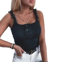 women summer lace spaghetti strap vest female sleeveless cami elegant slim fit button ol tops solid color streetwear tank top