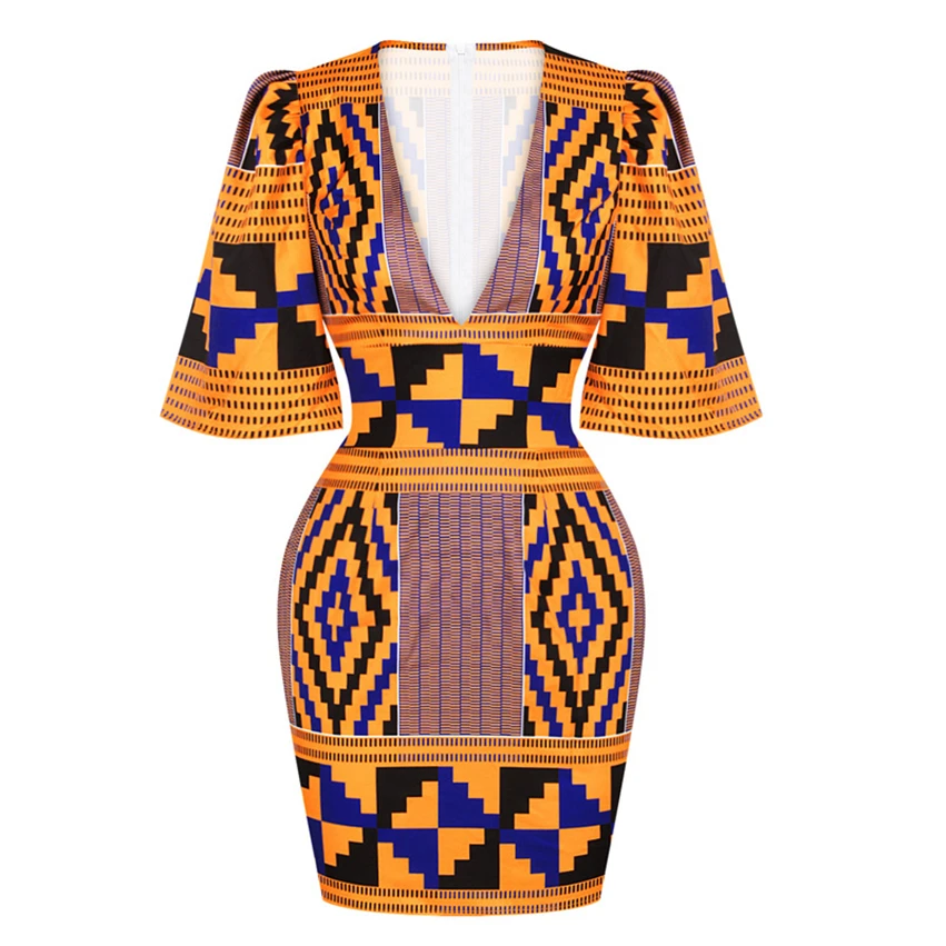 

2021 Fashion African Clothes for Women Geometry Print Party Dress Short Skirts V-Neck Sexy Summer Tight Maxi Dresses