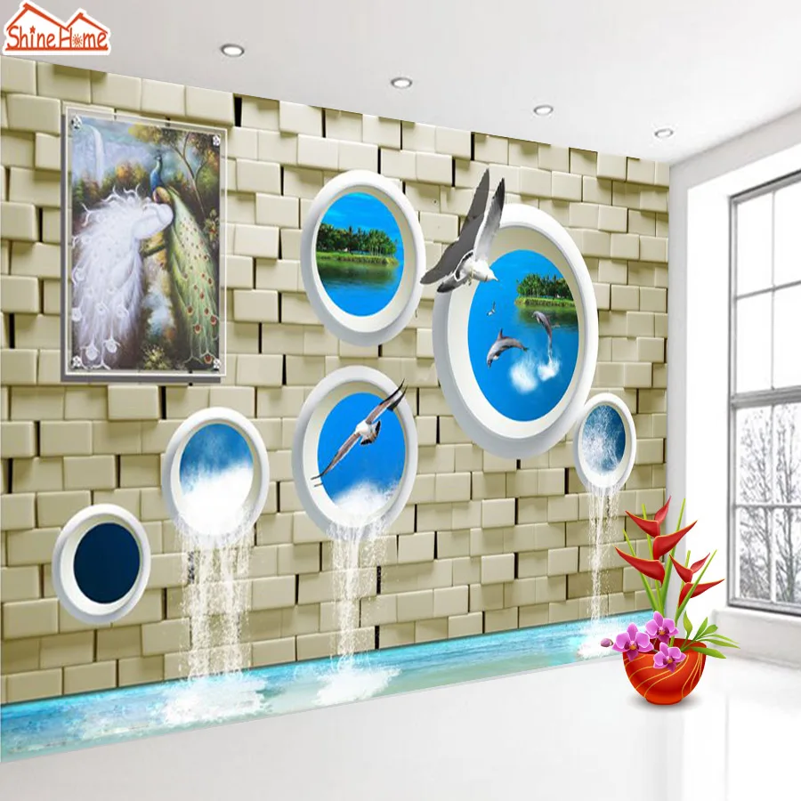 

Brick 3d Pattern Wallpapers Mural Rolls Walls Living Room Wallpaper for Wall Papers Home Decor Dolphin Water Flow TV Background