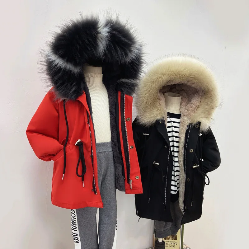 Kids Warm Padded Down Coat 2021 New Children Girls Down Coat Cotton Parka Imitation Fox Fur Removable Hoodie Warm Jackets