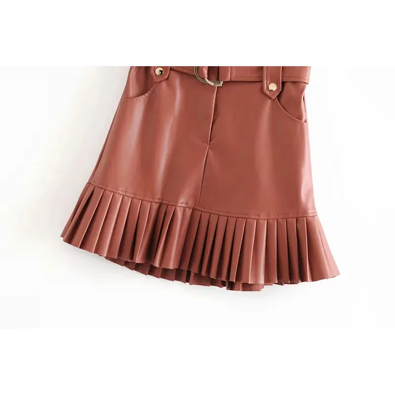 2019 стильное шикарное мини-платье из искусственной кожи с поясом Za Модные женские