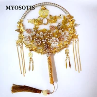 gold chinese style bridal bouquet gold flowers wedding fan ancient tassel pearl crystal beaded bride hand fan