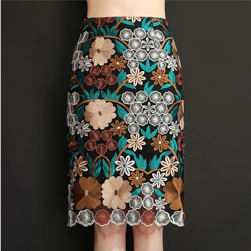 

Women's Skirt Summer Large Size Lace Elegant Office Fashion French Luxury Retro Ladies Knee High Waist Embroidery Flowers 2021
