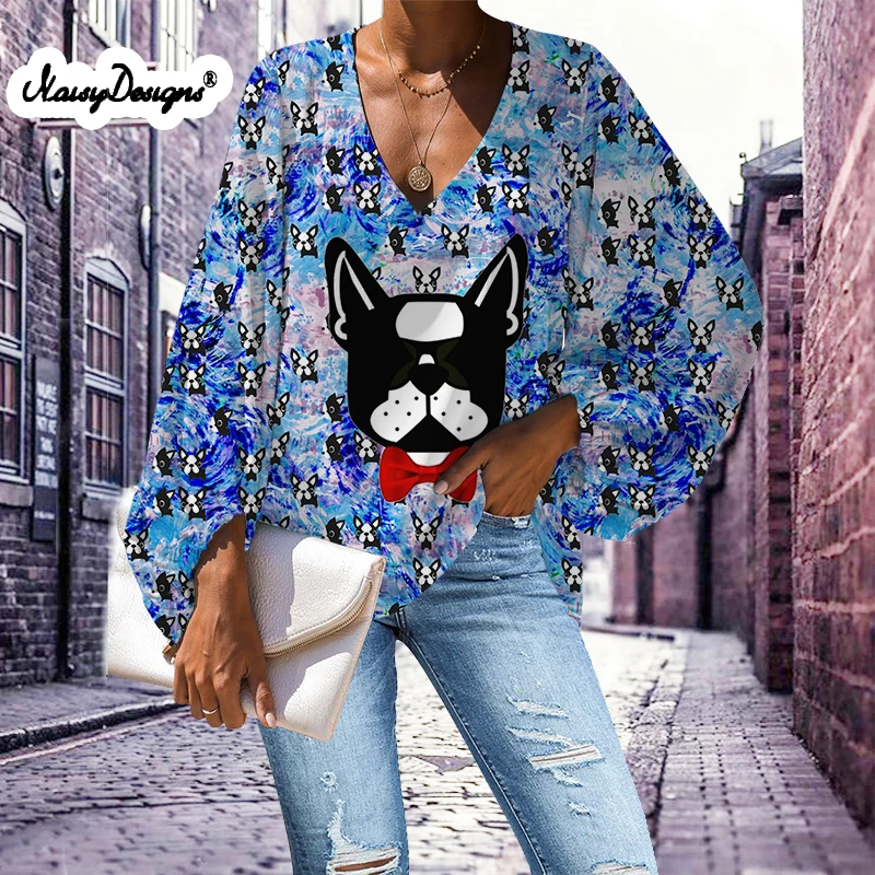 

Noisydesigns Women's Blouse Trend 2021 French Bulldog Flowers Dog Prints Fashion Lady Vintage Shirt Large Size 4XL Dropshipping