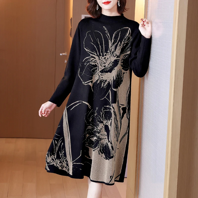 

Knitted Dress Women Plus Size 2021 Autumn And Winter New Fashion Half Turtleneck Long Sleeve Loose Black Sweater Dress