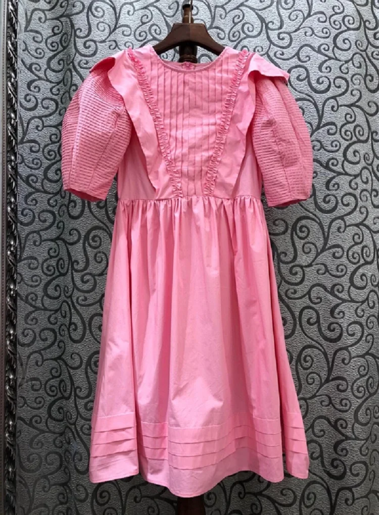 

2020 Summer Fashion White Pink Green Dress High Quality Women Ruffle Flowers Short Sleeve Big Swing Casual Cotton Dress Vestido